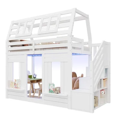 Produktbild von Etagenbett, Hochbett, Kinderbett, Holzbett, Hausbett 90x200cm mit LED, Rausfallschutz und Stauraumtreppe, Fenster-Form, weiß
