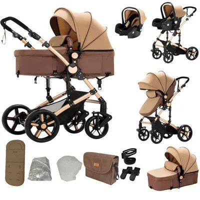 Imagen del producto de Cochecito multifuncional 3 en 1, que incluye accesorios como una capa impermeable y un bolso de gran capacidad. Modelo Magic ZC, color caqui