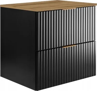 A black cabinet with a brown oak top and a gold handle.