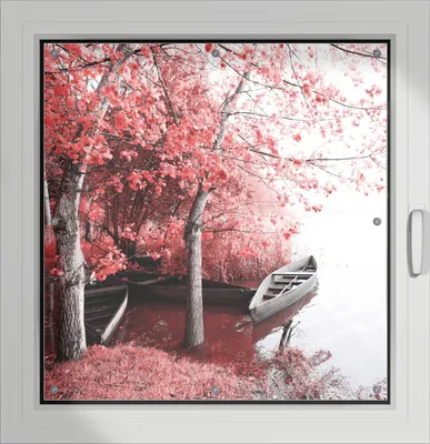 Produktbild von Wallario Lichtschutzbild, Dekorativer Sichtschutz Sonnenschutz 96 x 100 cm mit Motiv: Romantische Bootsanlegestelle in rot-weiß - Verdunklung ohne Bohren