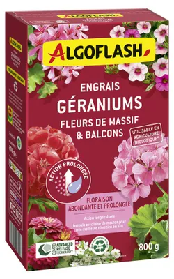 Produktbild von Dünger für Geranien, Algoflash 800g, für üppige Blüten bei Geranien und Balkonblumen - Algoflash.