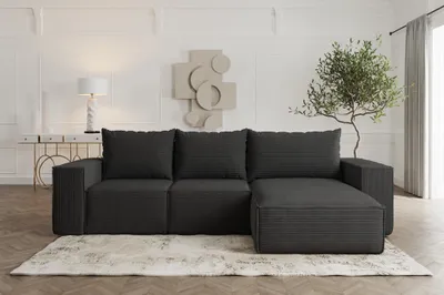 Produktbild von Ecksofa Sofa mit Schlaffunktion ESTELLE in Stoff Poso Schwarz Ottomane Rechts