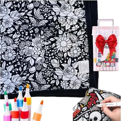 Produktbild von DIY Decke zum Ausmalen, 150 x 125 cm, Kuscheldecke zum Bemalen, mit 24 farbigen Markern, waschbarer Samt, kreatives Bastelset, Heimdekoration, ideal für Kunst- und Bastelaktivitäten