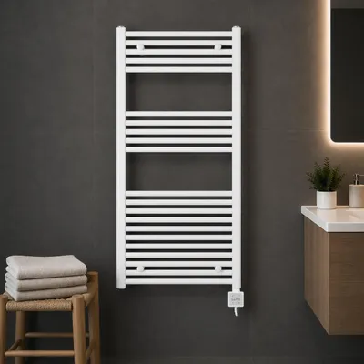 Obrázok produktu pre Elektrický radiátor do kúpeľne – 1000 watt – 1175 x 750 mm – biely – slúži ako sušička na uteráky a vykurovanie