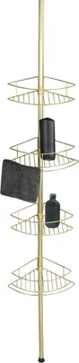 A gold-colored telescopic corner shelf unit with several shelves, holding black bottles and a folded towel.