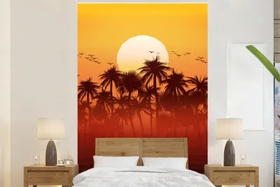 Produktbild von MuchoWow® Fototapete für Wohnzimmer oder Schlafzimmer Wandtapete Vinyl Motivtapete Sonne - Vogel - Palme - 170x260 cm - Wohnzimmertapete
