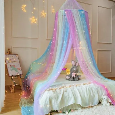 Produktbild von Famanu Bettvorhang Regenbogen mit Warmen Feenlichtern - Für Mädchenzimmer