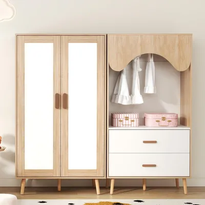 Image de Ensemble de commode pour enfant avec 2 portes et 2 tiroirs 160 x 141,5 x 46 cm : armoire à portes battantes et étagère ouverte avec tringle à vêtements, style moderne blanc et aspect chêne