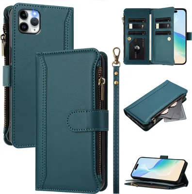 Obrázek produktu pro Pouzdro pro iPhone 11 Pro Max, zipem, peněženkovéPolyuretankožené flip pouzdro s kapsami na karty, stojánkem a poutkem na ruku zelený