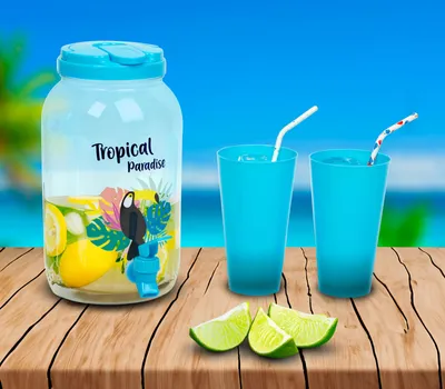 Produktbild von Limonadenspender mit Zapfhahn und 4 Bechern – Getränkespender 3,8 Liter – Kunststoff – Wasserspender – Spender – BLAU – Tropisches Design