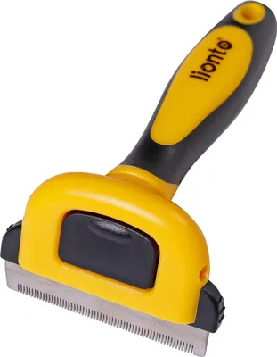 Immagine prodotto di spazzola per sottopelo lionto, spazzola per pelo in acciaio inox con pulsante di pulizia, ergonomica e delicata sulla pelle, per tutti i tipi di pelo, giallo/nero