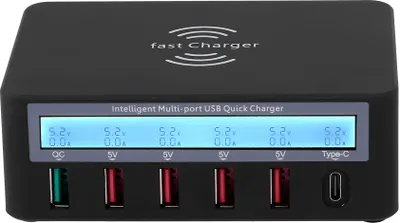 A black multi-port USB quick charger with a digital display showing voltage and amperage for each port.