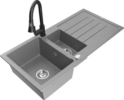 Produktbild von Mexen Andres 1,5-Becken-Granitspüle mit Abtropffläche und Mischbatterie Elia, Grau - 6515-71-670101-70