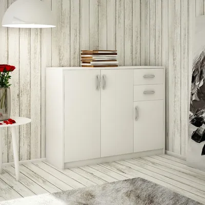 Produktbild von Kommode mit 2 Schubladen und 3 Türen in matter Ausführung, Kommode 110cm breit Holz Schrank Sideboard Highboard Kommode mit Schubladen Weiß