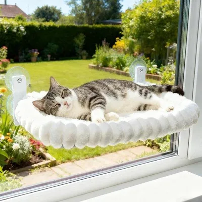 Produktbild von Famanu Katzenbett für Fenster - Fensterliege für Katzen - Hängematte mit umkehrbarem Bezug und Saugnäpfen - stabiles Stahlgestell - belastbar bis 18