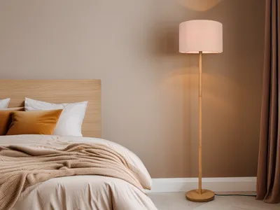 Produktbild von Große LED Stehlampe Holzlampe mit Stoffschirm für Wohnzimmer hinter Sofa & Flur