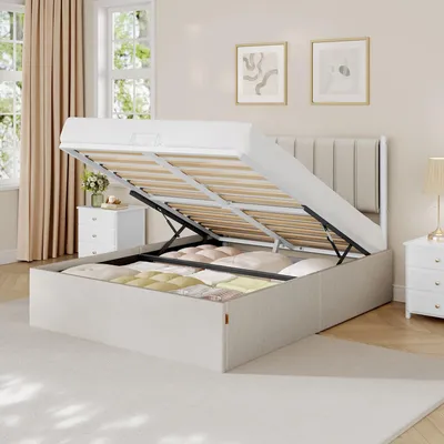 Produktbild von VASAGLE Bettgestell, 140 x 200 cm, hochklappbar Lattenrost, Stauraum unter dem Bett, mit Kopfteil, beige