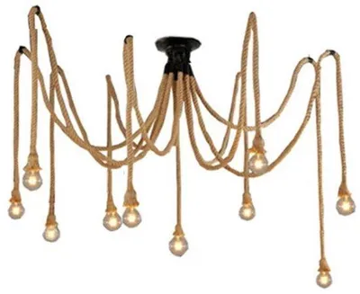 Image de Lustre en corde de chanvre - Style rétro - 10 douilles E27 - 2 mètres de longueur - idéal pour les restaurants, les chambres à coucher, les salons et la décoration d'hôtels