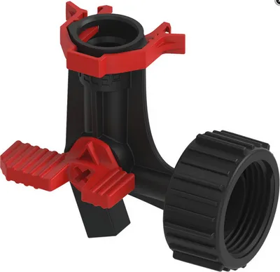 A product shot of a black and red plumbing fitting.