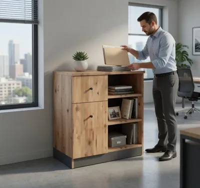 Image de Buffet pratique en bois, avec des étagères ouvertes et des tiroirs