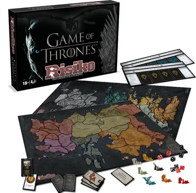 A Game of Thrones themed Risk board game set, including the box, game boards, cards, and game pieces.