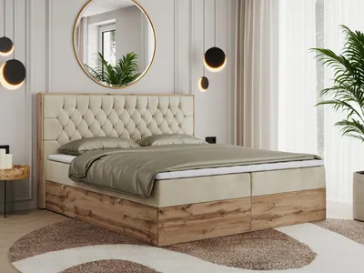 Produktbild von MKS MEBLE Boxspringbett 200x200 mit Bettkasten Eiche, Polsterbett 200x200 mit Matratze H4, Bett 200x200 mit Kopfteil, Bett mit Holzrahmen in Wotan Eiche - Beige Velvet - Amore