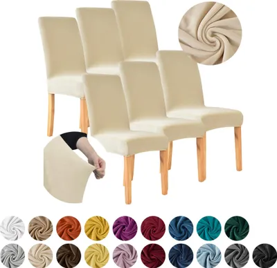 Produktbild von MEBLE ODNOWA, Stuhlhusse, Stuhlbezug, Standardgröße, Samt, Creme, 6er Set, Velours, elastisch, Stuhlbezüge, Stuhlhussen, maschinenwaschbar