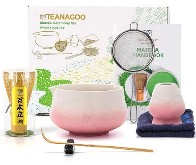 Productafbeelding van Matcha-set, 7-delig: roze keramische kom met uitgietopening, bamboe-garde, bamboeleschep, zeef, theedoek