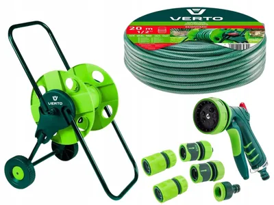 Produktbild von VERTO Schlauchwagen mit Schlauch 1/2 Zoll 20 m + Wasserspritze + 3 x Schlauchverbinder, Wasserstop, Hahnverbinder