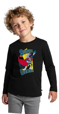 Produktbild von Spreadshirt Sesamstraße Grobi Supergrobi Superheld Kinder Premium Langarmshirt, 122/128 (6 Jahre), Schwarz