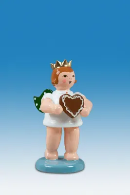 Produktbild von Holzfigur Engel mit Pfefferkuchenherz und Krone Höhe 6cm NEU