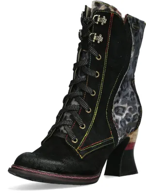 Produktbild von Laura Vita Damen Stiefelette mit Leder und Leo Muster Eleao 42, Größe:37 EU, Farbe:Schwarz