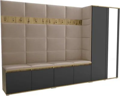 Produktbild von Garderoben-Set Noris V mit Spiegel, gepolsterte Garderobe 290 cm, Flurmöbel mit Wandpaneelen, 12 Haken und Schrank (Farbe: Artisan Eiche/Schwarz + Trinity 04)