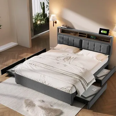Produktbild von Polsterbett 140*200, Boxspringbett mit LED/USB C Steckdose Kopfteil/4 Schubladen Bett mit Stauraum Doppelbett, Grau Ohne Matratze