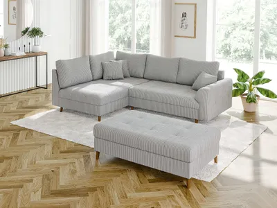 Produktbild von S-STYLE MÖBEL - Kai - Ecksofa mit Schlaffunktion und Hocker mit Braun Holzfüßen im skandinavischen Stil aus Hellgrau Cord-Stoff, Ottomane links