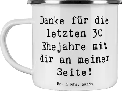 Produktbild von Mr. & Mrs. Panda metallbecher Spruch 30. Hochzeitstag Perlenhochzeit - Weiß - Geschenk, Teetasse, Pott, Feier, becher emaille, Heiraten, Heirat, Campingbecher, Eheliebe
