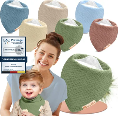 Produktbild von Mallie® Musselin Lätzchen Baby im 6er Set | Als Bibs, Dreieckstuch Baby, Baby Lätzchen | Musselin Halstuch Baby, Musselintücher Baby und Babylätzchen