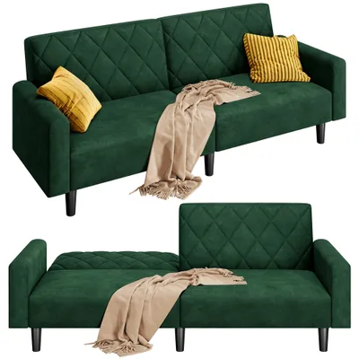 Produktbild von Yaheetech 2 Sitzer Sofa Couch mit Schlaffunktion, 159cm Sofabett aus Samtstoff, 140,5 × 94 cm Liegefläche, für Wohnzimmer, Grün