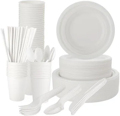 Produktbild von Einweggeschirr, 400 Stück – Pappteller – Einwegbesteck – Biologisch abbaubar – Nachhaltig – Geeignet für Mikrowelle und Gefrierschrank – Ideal für Partys und Buffets