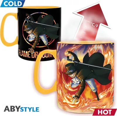 Two heat-changing mugs are shown, one with a 'COLD' label and one with a 'HOT' label, indicating their function. A temperature indicator arrow is also visible.