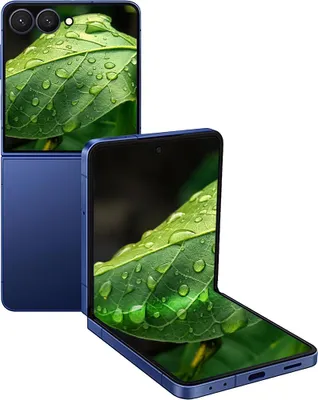 A blue foldable smartphone is shown from the front and back, with a close-up of a leaf with water droplets on its screen.