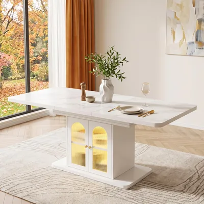 Produktbild von Flieks Ausziehbarer Esstisch mit Stauraum, verdickte Tischplatte, LED-Streifenbeleuchtung, Esszimmertisch, Küchentisch 150-200x80x76cm, Weiß