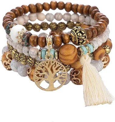 Produktbild von Boho Holzperlen Armband, 4 Stück Boho Quaste Armband für Damen, Frauen Baum des Lebens Charm Statement Armreifen, Kristall Perle, Beige