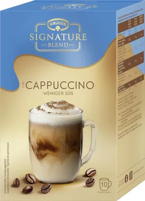 Zdjęcie produktu dla Krüger Signature Blend Cappuccino – mniej słodkie, opakowanie 10 x 12,5 g, 125 g