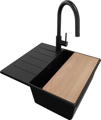 Produktbild von PRIMAGRAN Granitspüle Alles Schwarz 55x50cm, Spülbecken 1 Becken + Ablauf-Set + Küchenzubehörset, Küchenspüle ab 40er Unterschrank - Kopenhagen