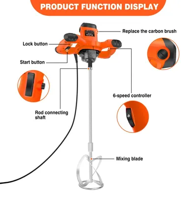 Image de Mélangeur électrique pour béton et mortier - Mélangeur à pales manuel - Puissance 2600 W - Vitesse de rotation 0–1700 tr/min - Six vitesses - Tige de mélange M14 de 57 cm - Ø 12 cm - Orange