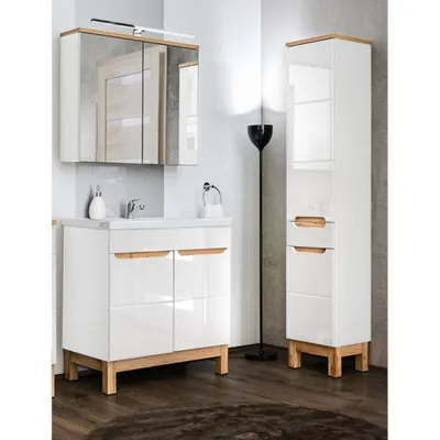 Produktbild von Badezimmer-Set mit 80cm Keramikwaschtisch & LED-Spiegelschrank SOLNA-56 in Hochglanz weiß, B/H/T ca.: 130/200/46 cm