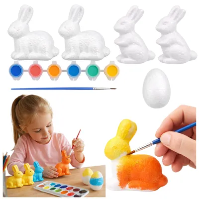 Produktbild von Set zum Bemalen von Styropordekorationen, 4 Hasen, 2 Eierfarben