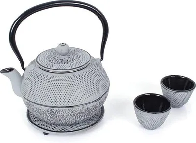 Productafbeelding van Famanu theeset, 1,1 liter, met uitneembaar zeefje, theepot met onderzetter en 2 theekoppen, vintage stijl, grijs