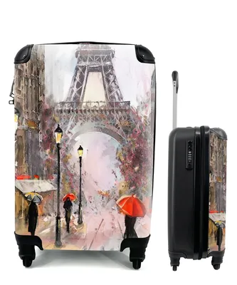 Produktbild von MuchoWow® Koffer Handgepäck Trolley Rollkoffer Kleine Reisekoffer mit 4 Rollen - Gemälde - Paris - Eiffelturm - Regenschirm - Ölgemälde - Cabin Size < 55x40x23 cm & 55x40x20 cm - Fotokoffer - Kabinenkoffer - Boardgepäck - Reise-Box - Reisekoffer - Reisegepäck - Koffer mit Bild - Trolley für Kinder